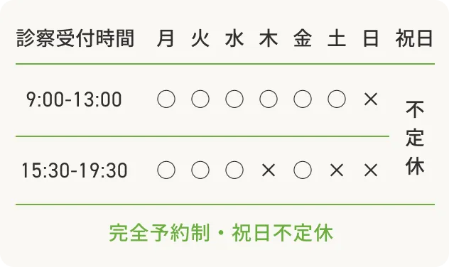 診察受付時間：金曜日:9時00分～13時00分, 15時30分～19時30分、土曜日:9時00分～13時00分、日曜日:定休日、月曜日:9時00分～13時00分, 15時30分～19時30分、火曜日:9時00分～13時00分, 15時30分～19時30分、水曜日:9時00分～13時00分, 15時30分～19時30分、木曜日:9時00分～13時00分、完全予約制・祝日不定休